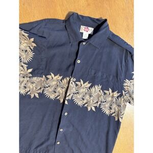 Hilo Hattie Silk Shirt M Black Tan Floral Border Print Hawaiian Coconut‎ Button